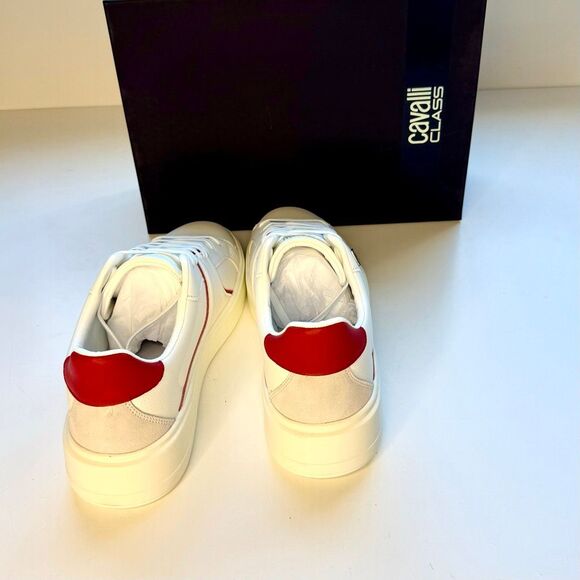 NWT Roberto Cavalli metal logo low top men sneaker in white with red accent Size - Picture 9 of 12